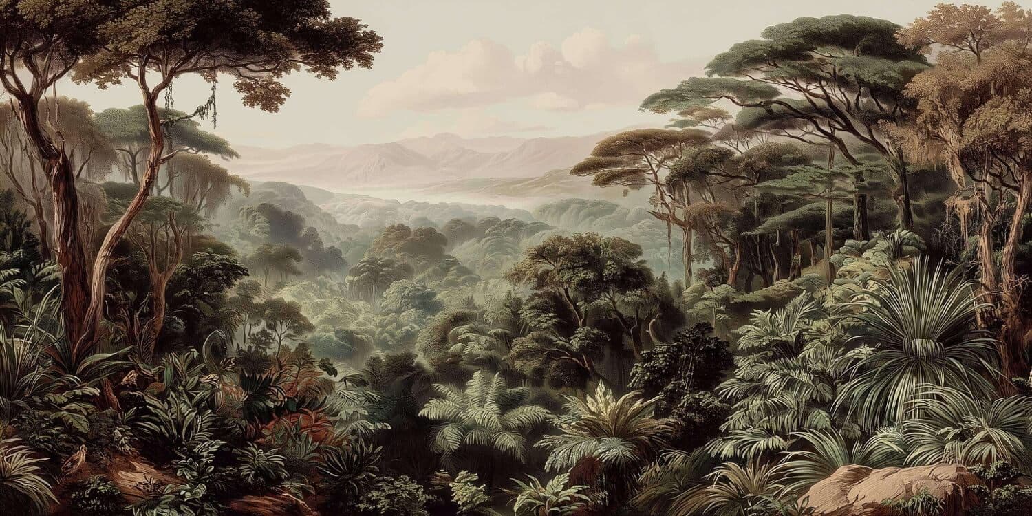 Illustrated forested valley below distant mountains