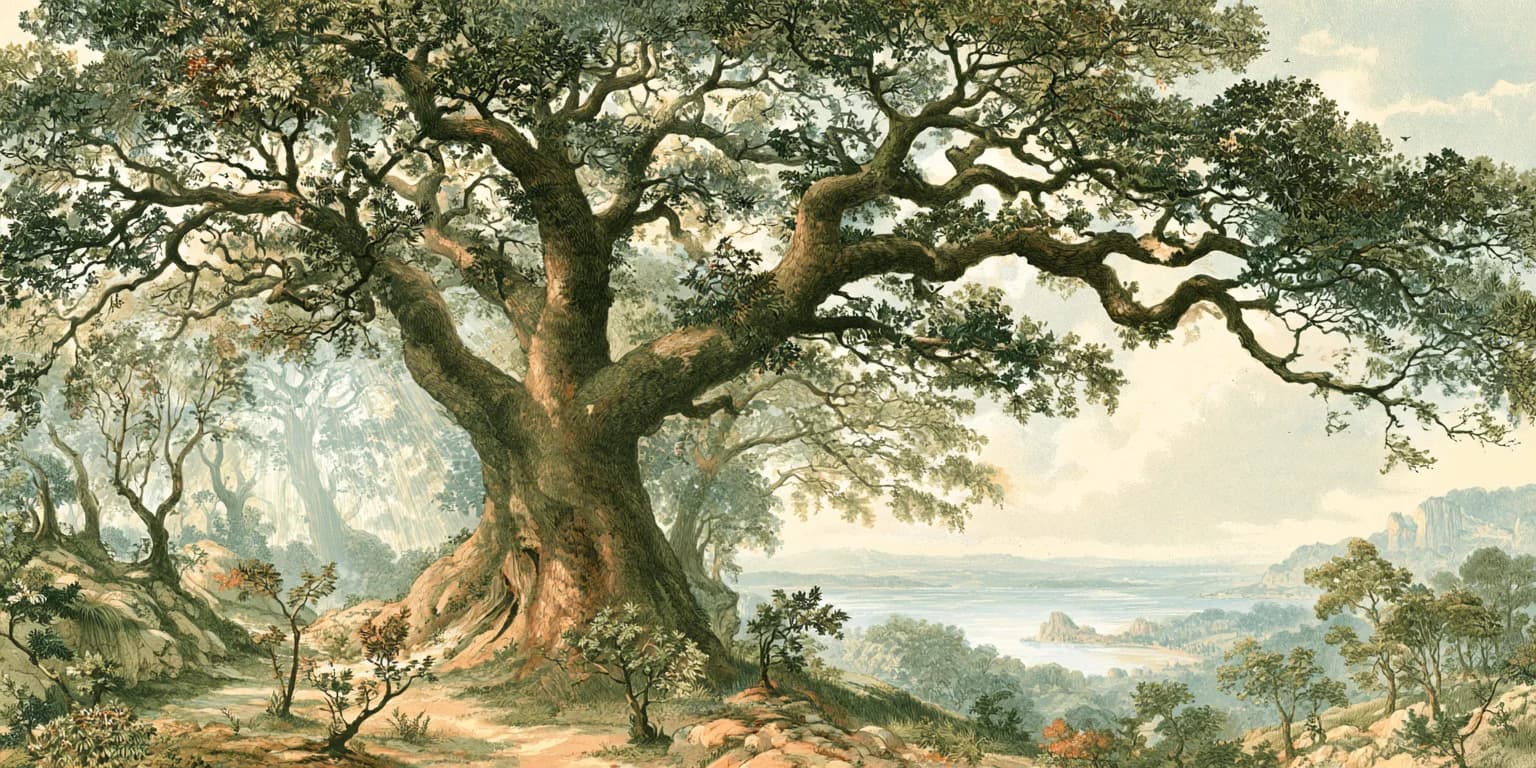Illustrated ancient spreading tree above a path with saplings at its feet