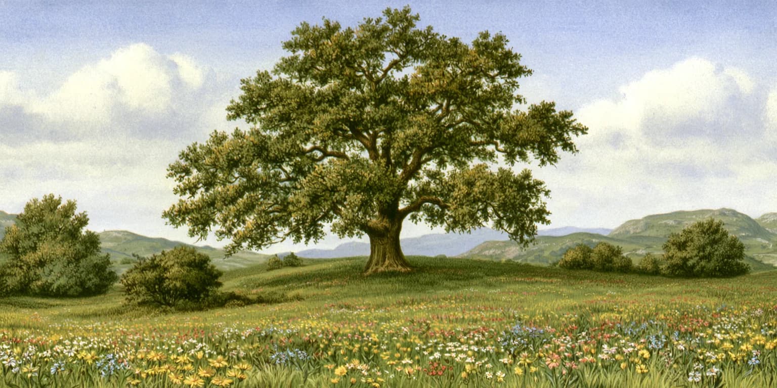 Illustrated single oak on a grassy hill under an open sky