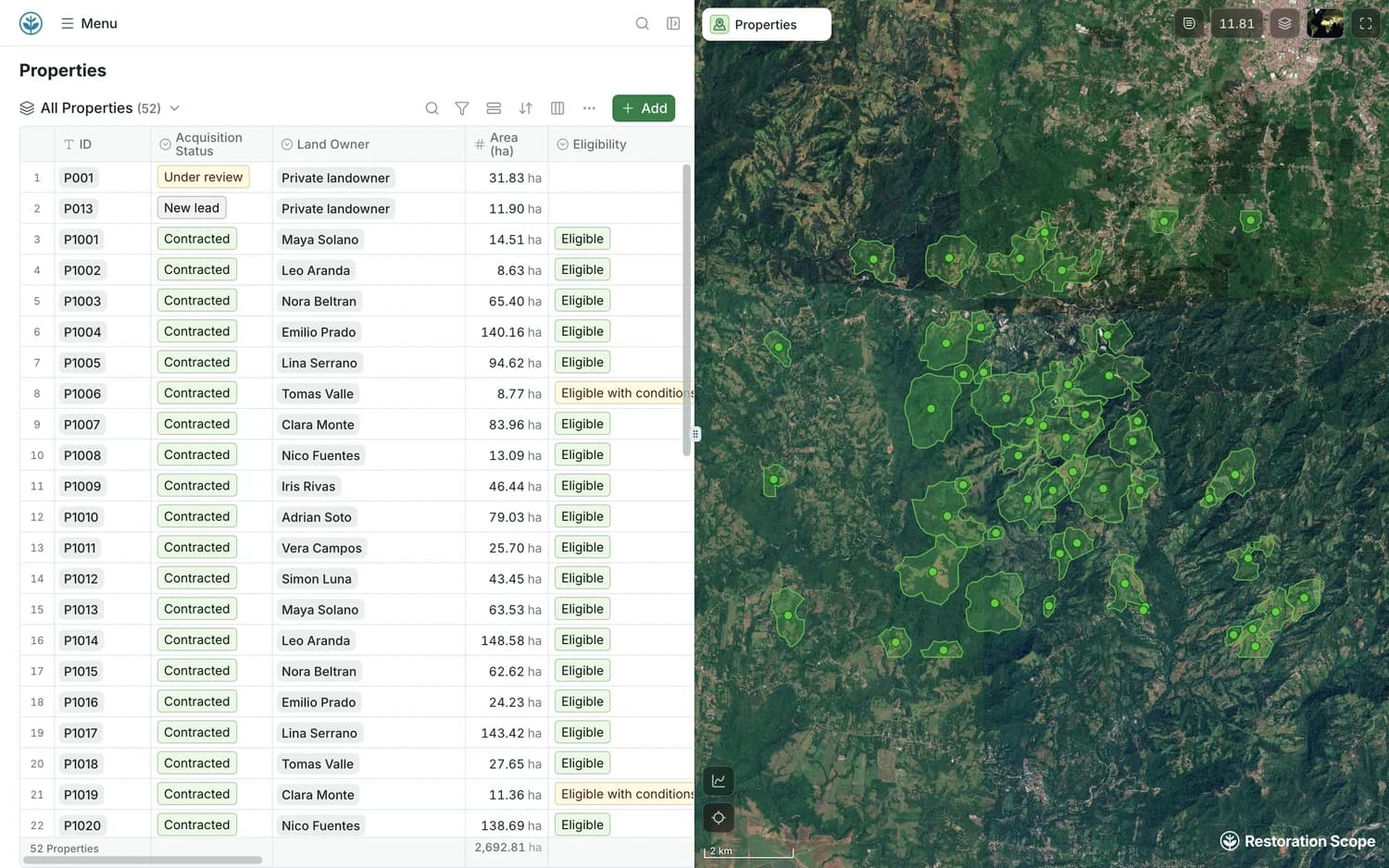 Demo properties in a table beside the same boundaries on the map; older sandbox names obscured
