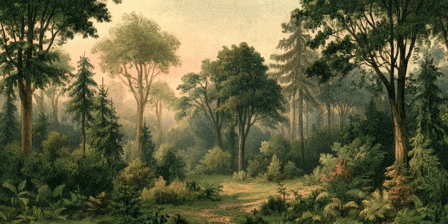 Illustrated jungle with pink and orange flowers, palms and misty light