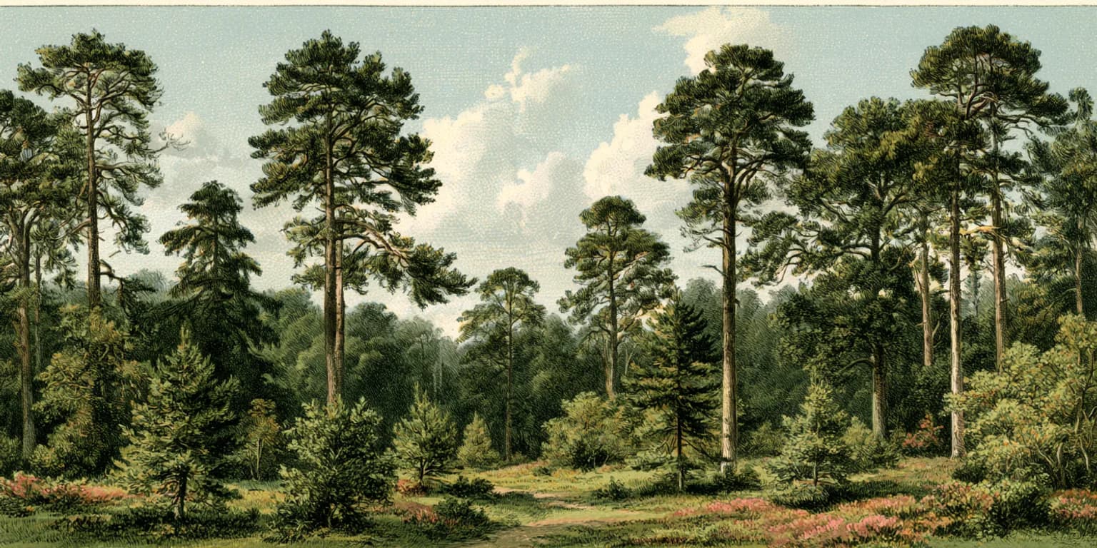 Illustrated sunlit clearing with tall pines and young trees growing in the open