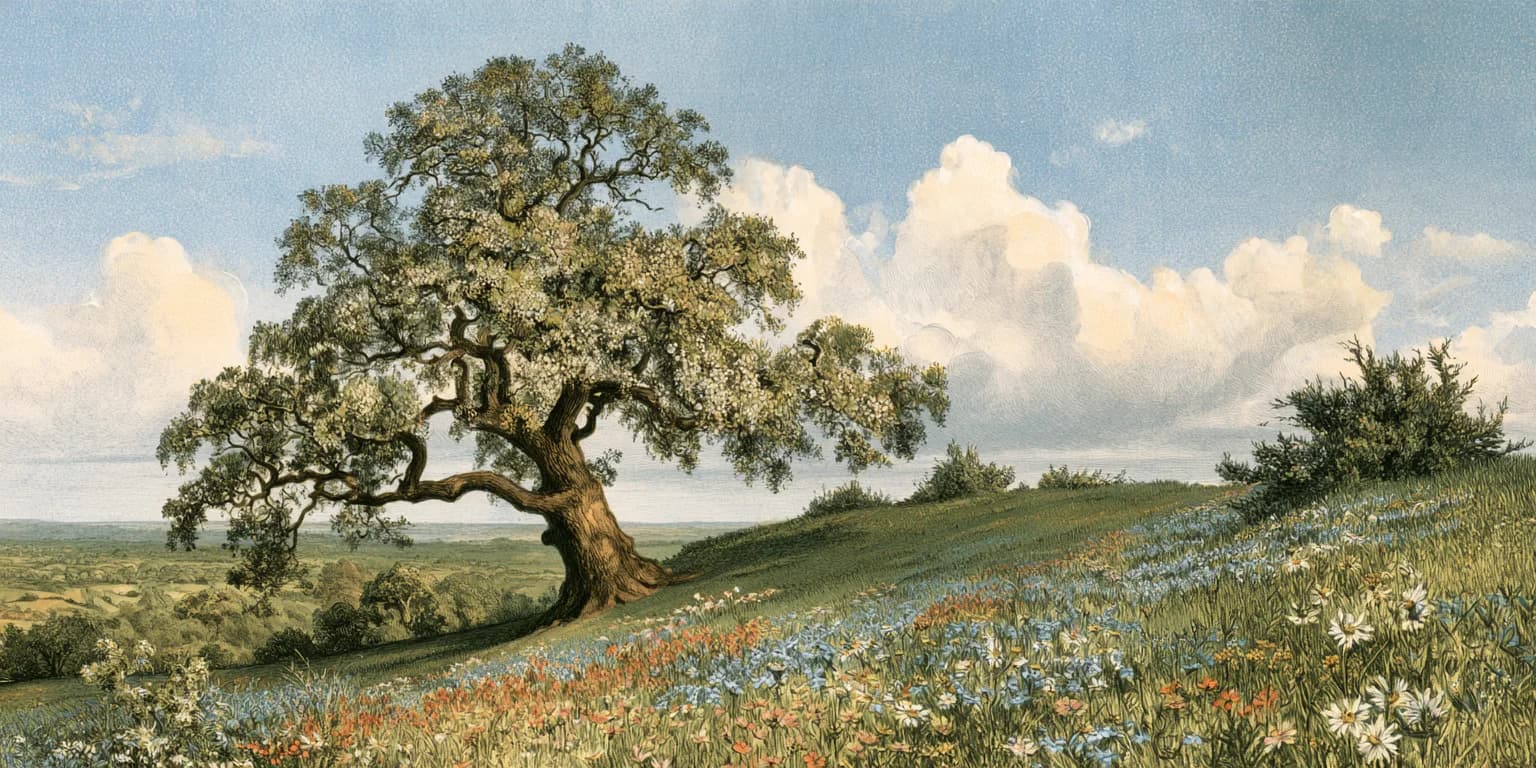 Illustrated branches with green and golden leaves against a pale sky