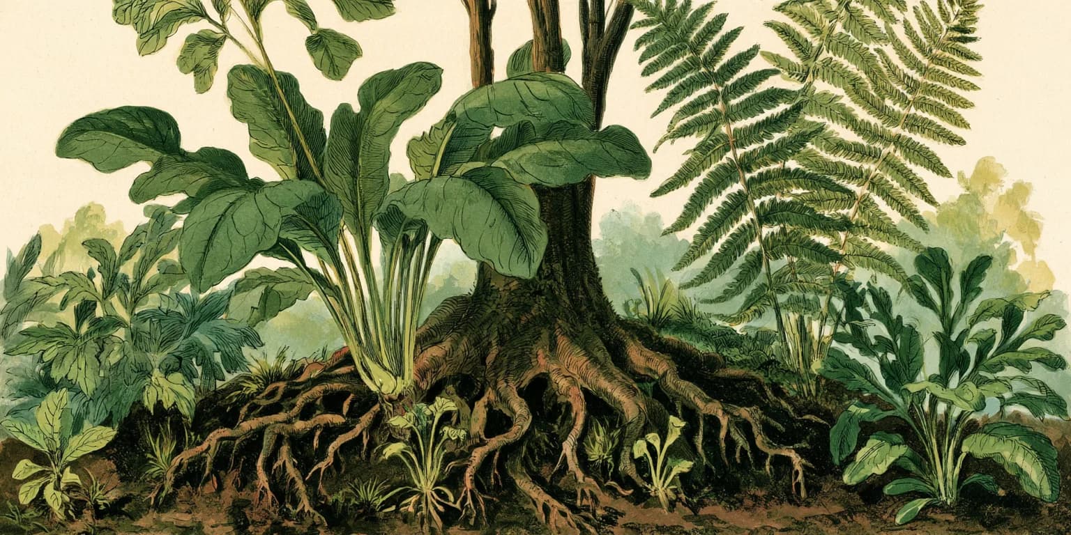 Illustrated tree canopy seen from below, dense with branches and leaves