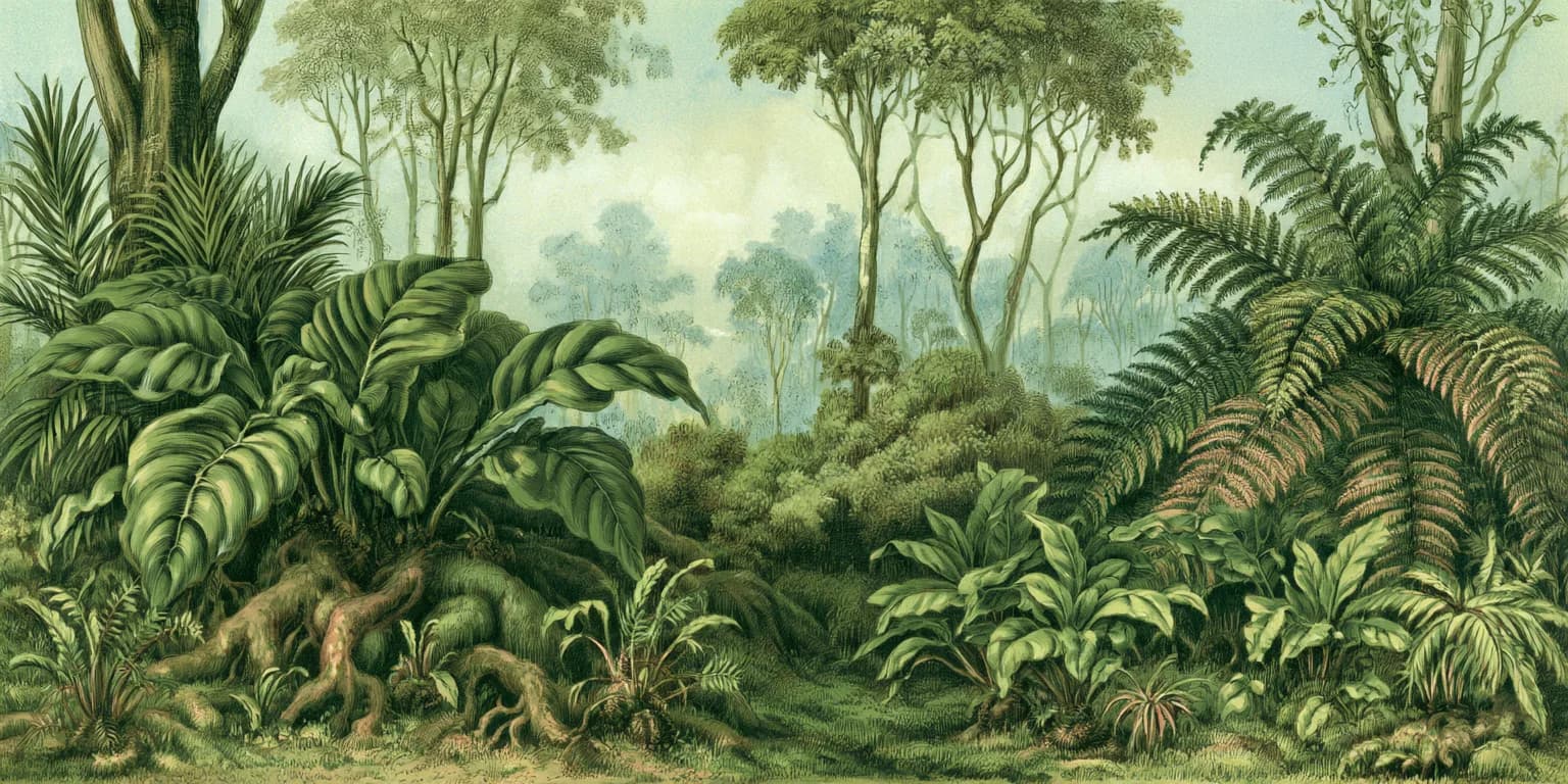 Illustrated tropical forest with palms and ferns along a dirt path