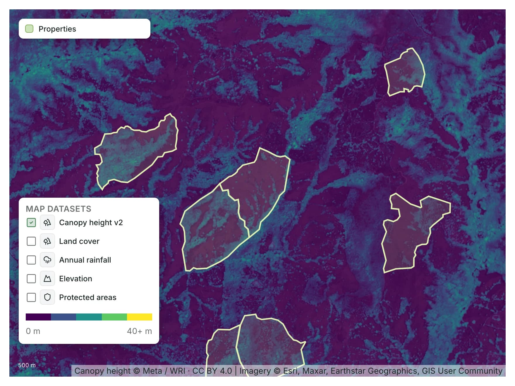 Canopy height v2 geospatial layer with property boundaries and height legend