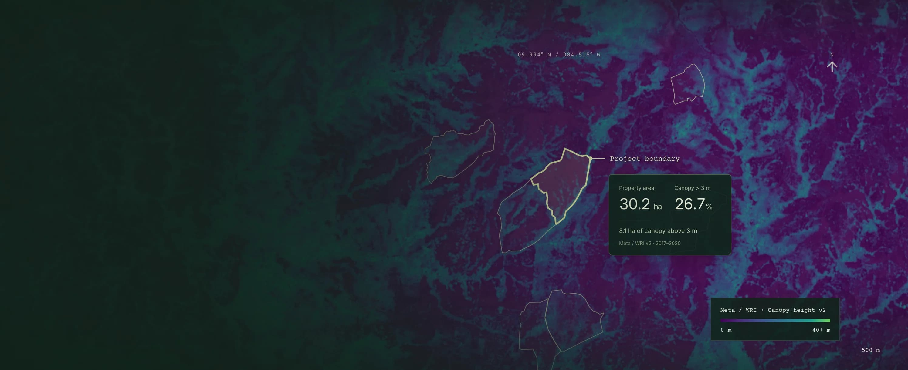 Canopy height map with the project boundary highlighted: 30.2 hectares, with 26.7% canopy above three metres.