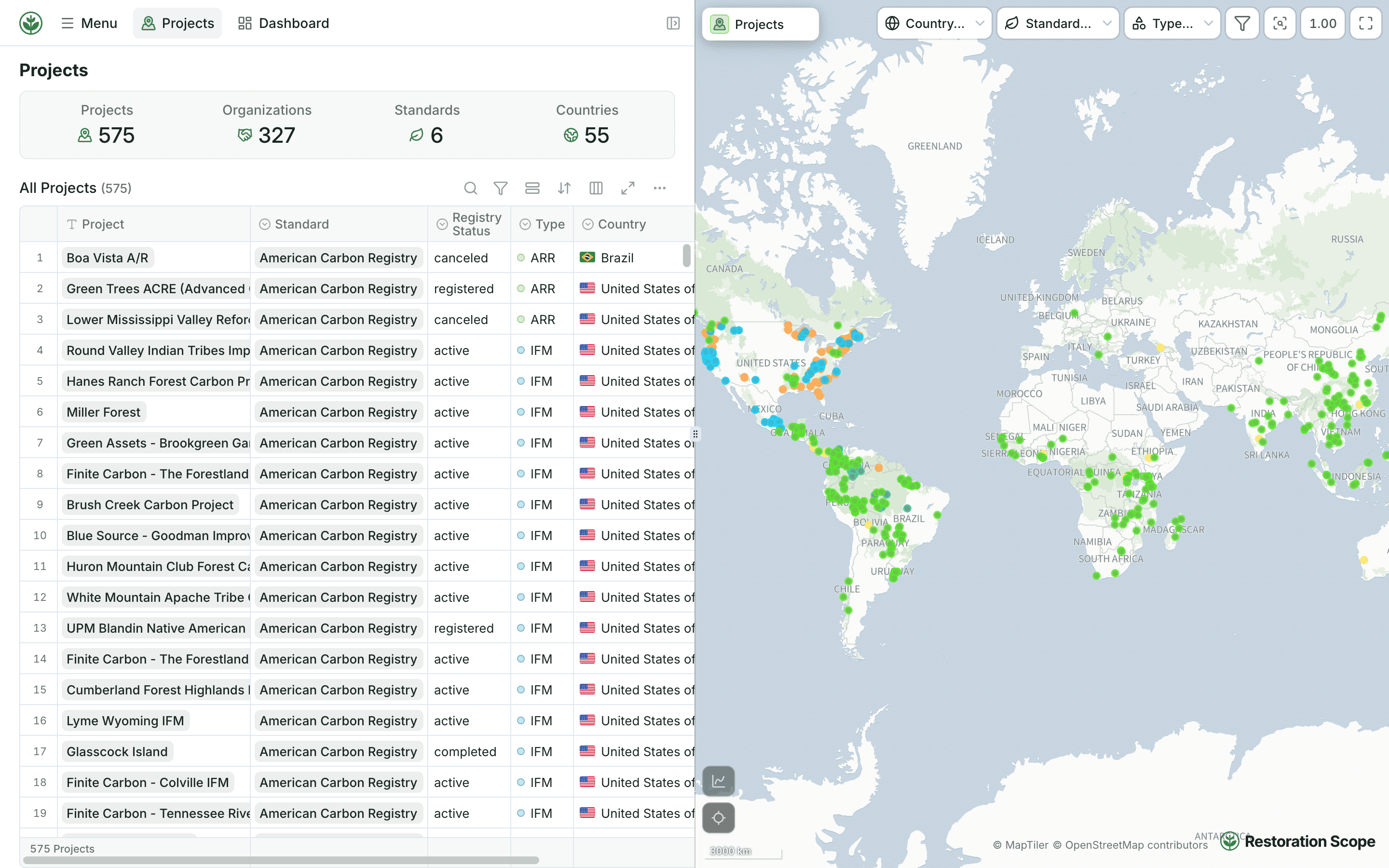 The Carbon Projects catalogue: a table of projects with standard, status and country beside a world map of project locations
