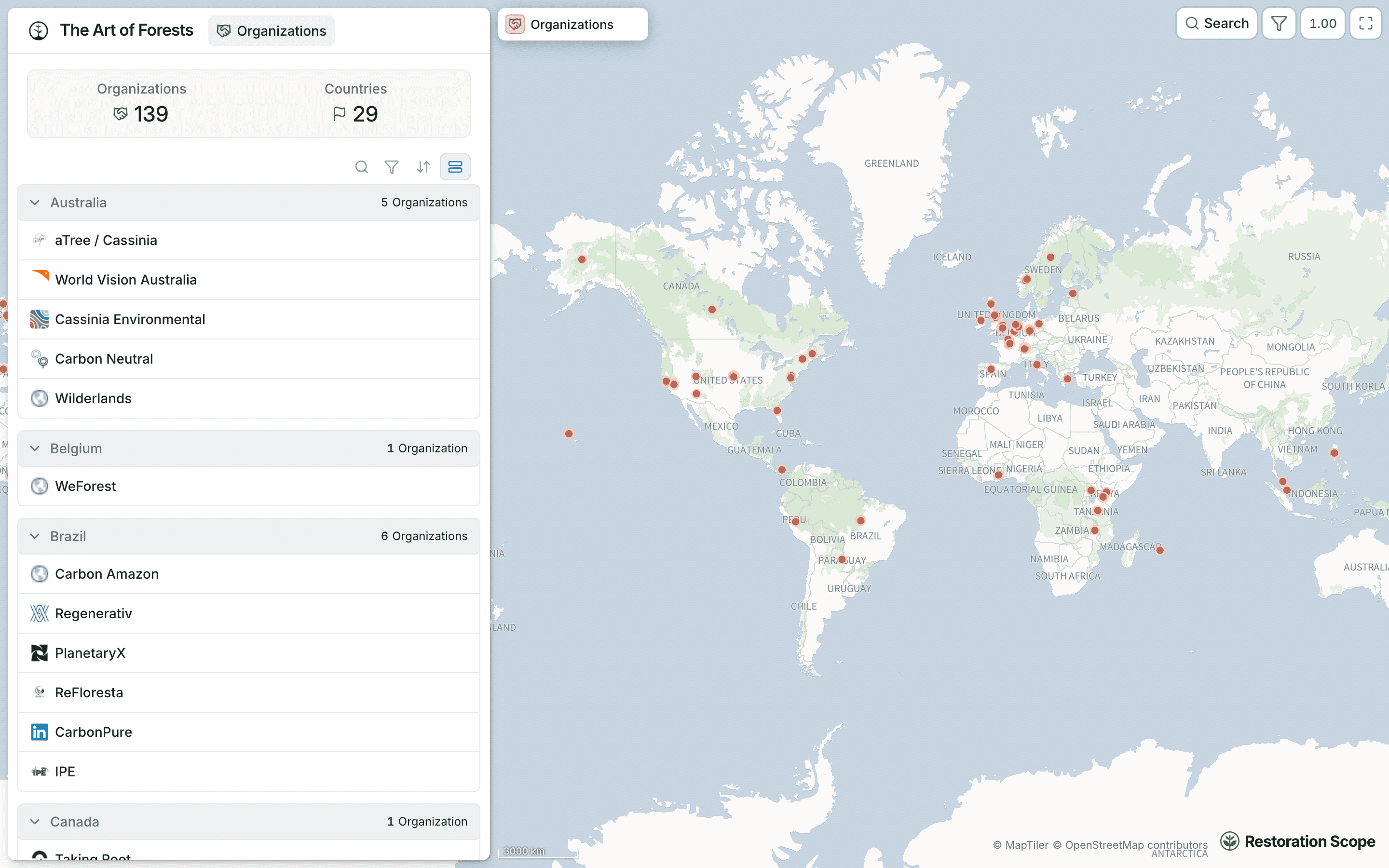 The Art of Forests members map: organizations listed by country beside a world map of members
