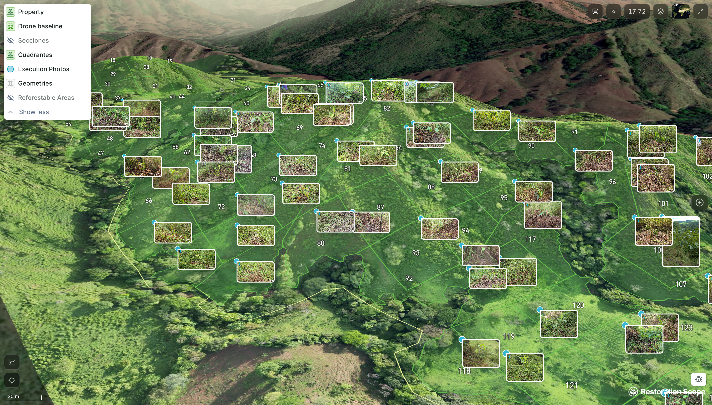 Drone baseline imagery and field photos shown on the same property map