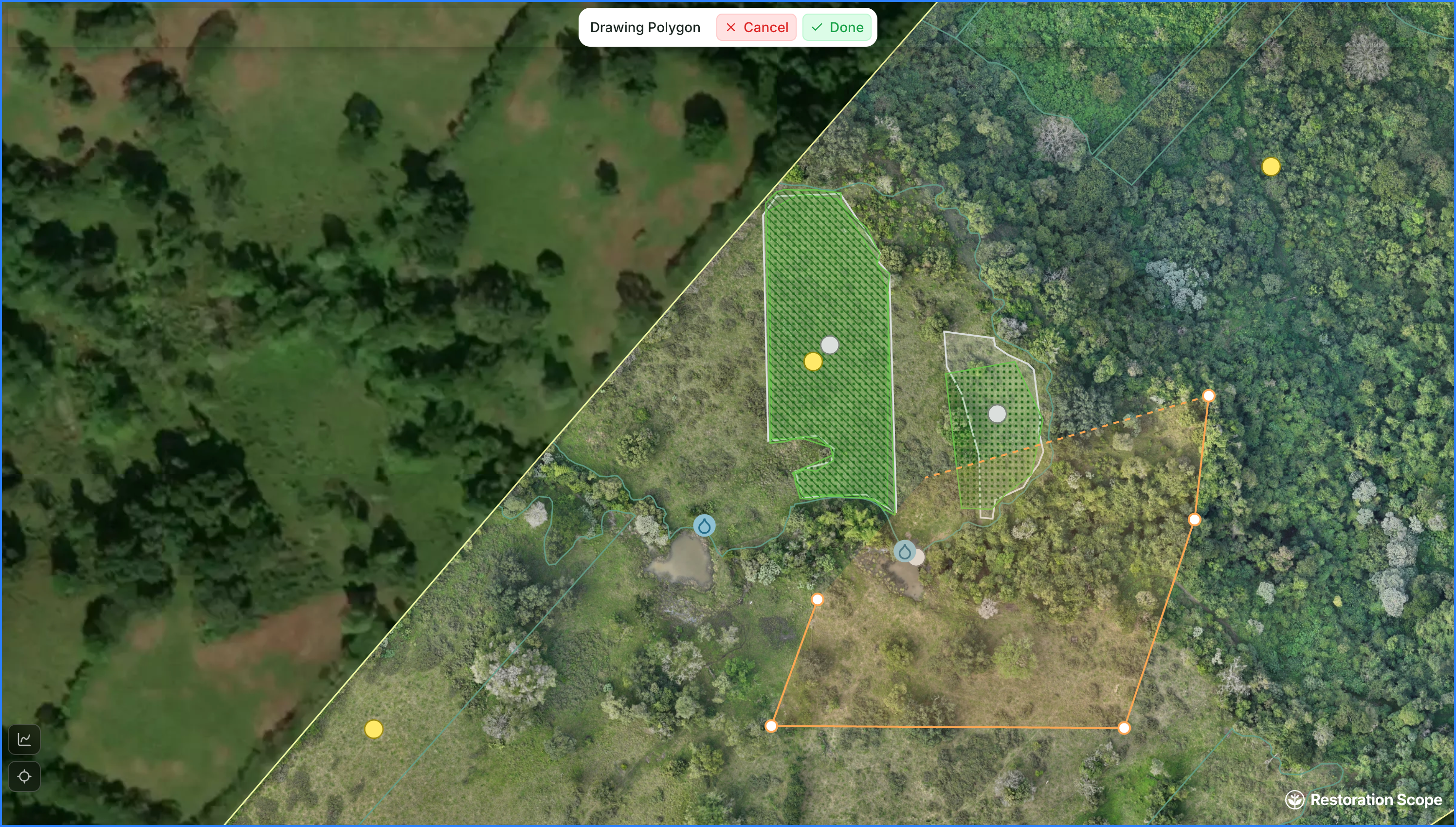 Platform example: planting areas, routes and operational points on a property map