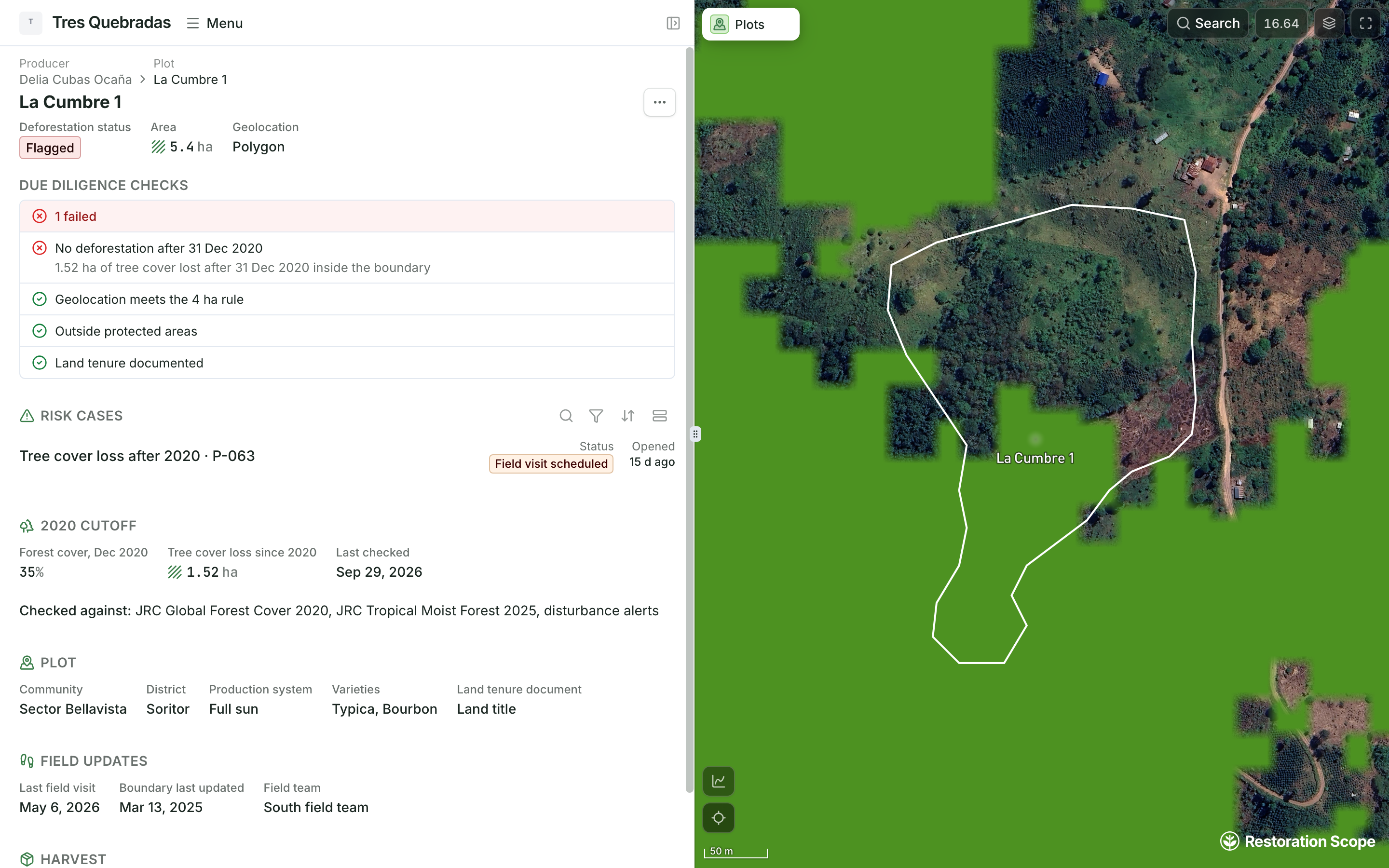 EUDR demo coffee plot La Cumbre 1 over the JRC Global Forest Cover 2020 layer, beside its due diligence checks, an open risk case with a field visit scheduled, and its last field visit
