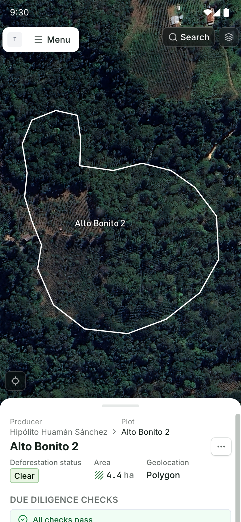 EUDR demo coffee plot Alto Bonito 2 on an Android phone: its boundary on the satellite map above the plot record with producer, area and geolocation type
