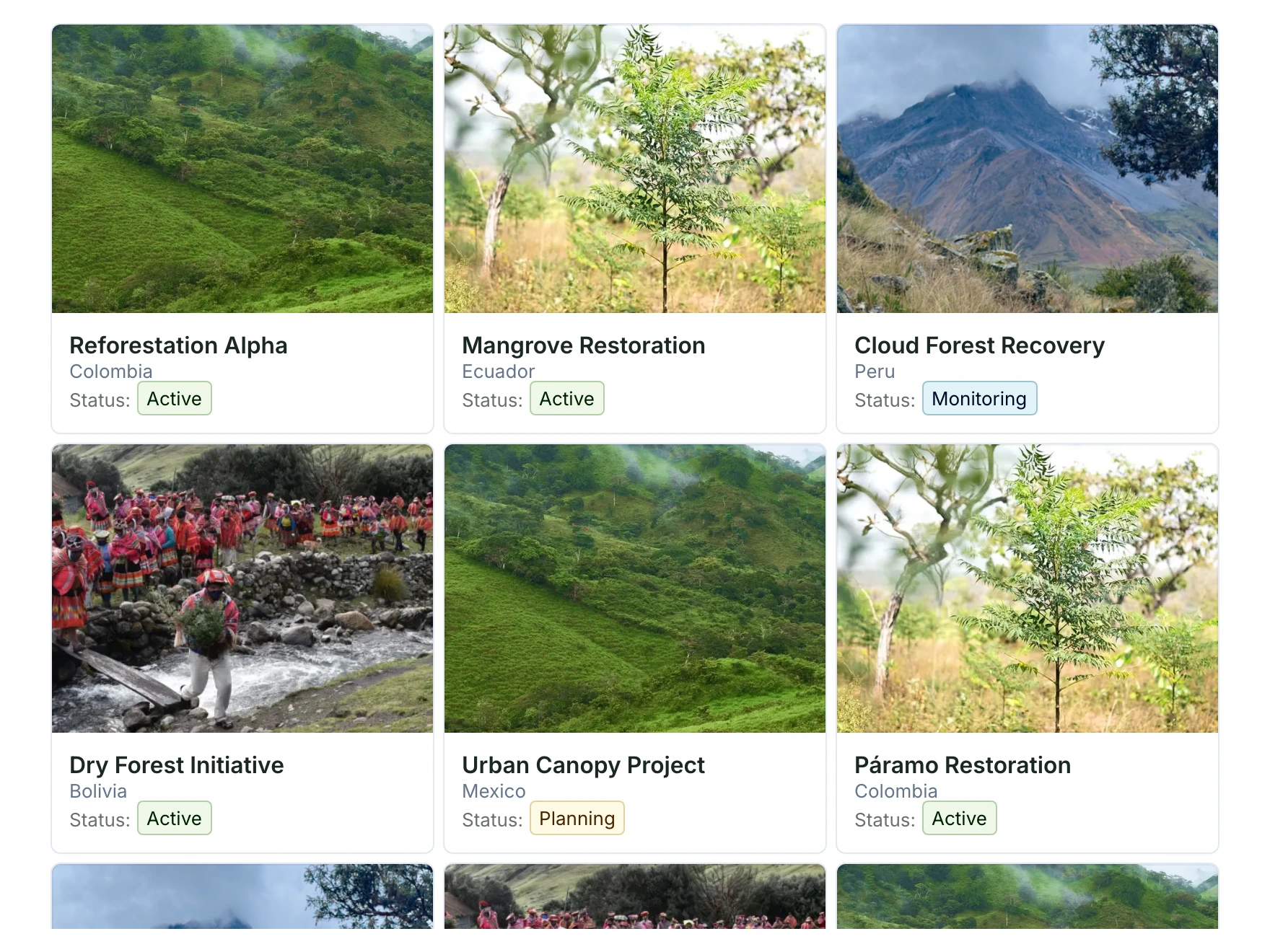 Gallery of fictional restoration projects as photo cards with country and status