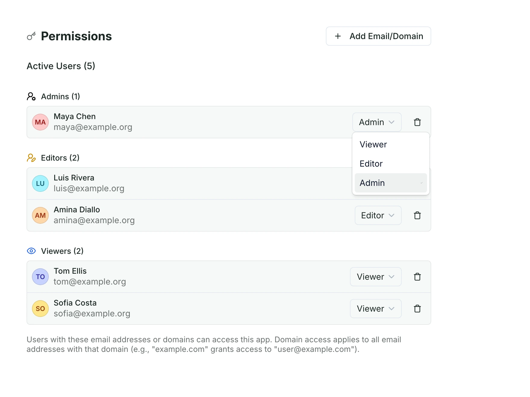 App permissions with admins, editors and viewers and a role menu open; fictional people