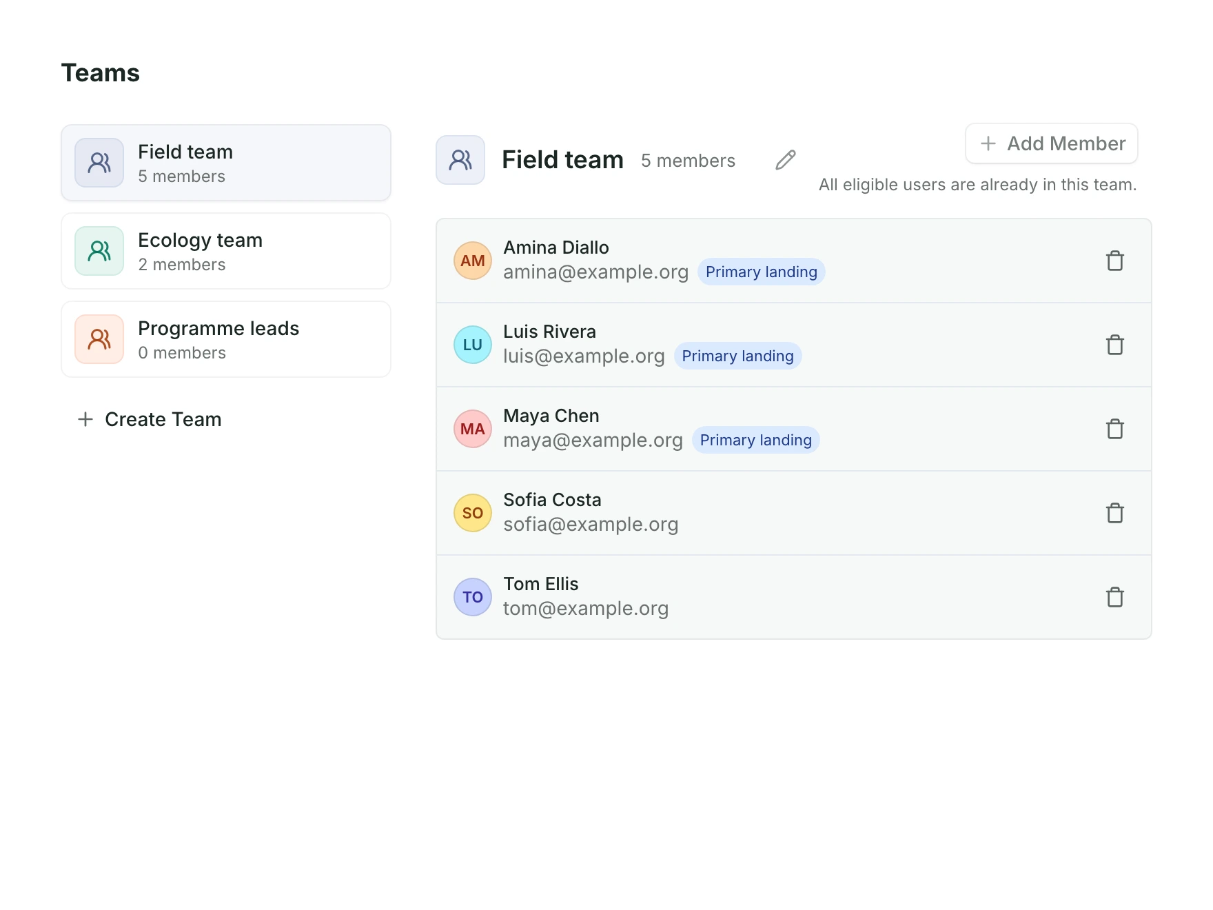 Native team-management screen with fictional Field team and Ecology team membership