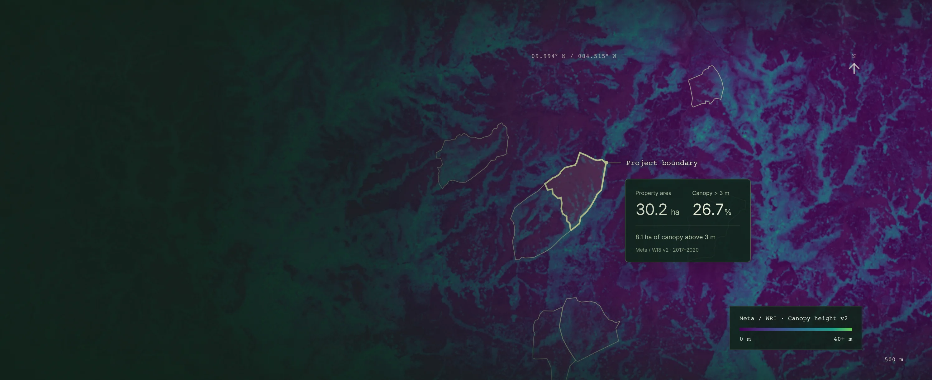 Canopy height map with the project boundary highlighted: 30.2 hectares, with 26.7% canopy above three metres.