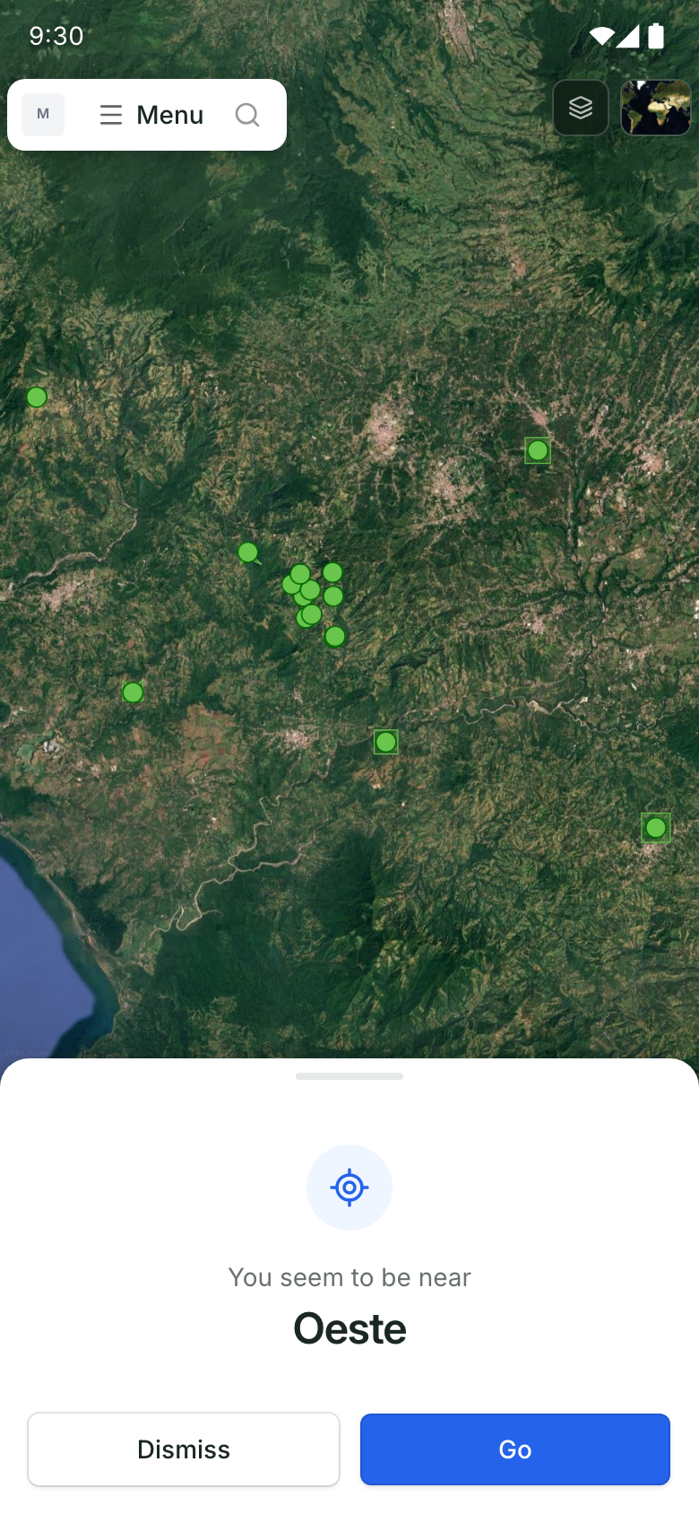 Native project map with a GPS navigation prompt asking whether to go to example property Oeste