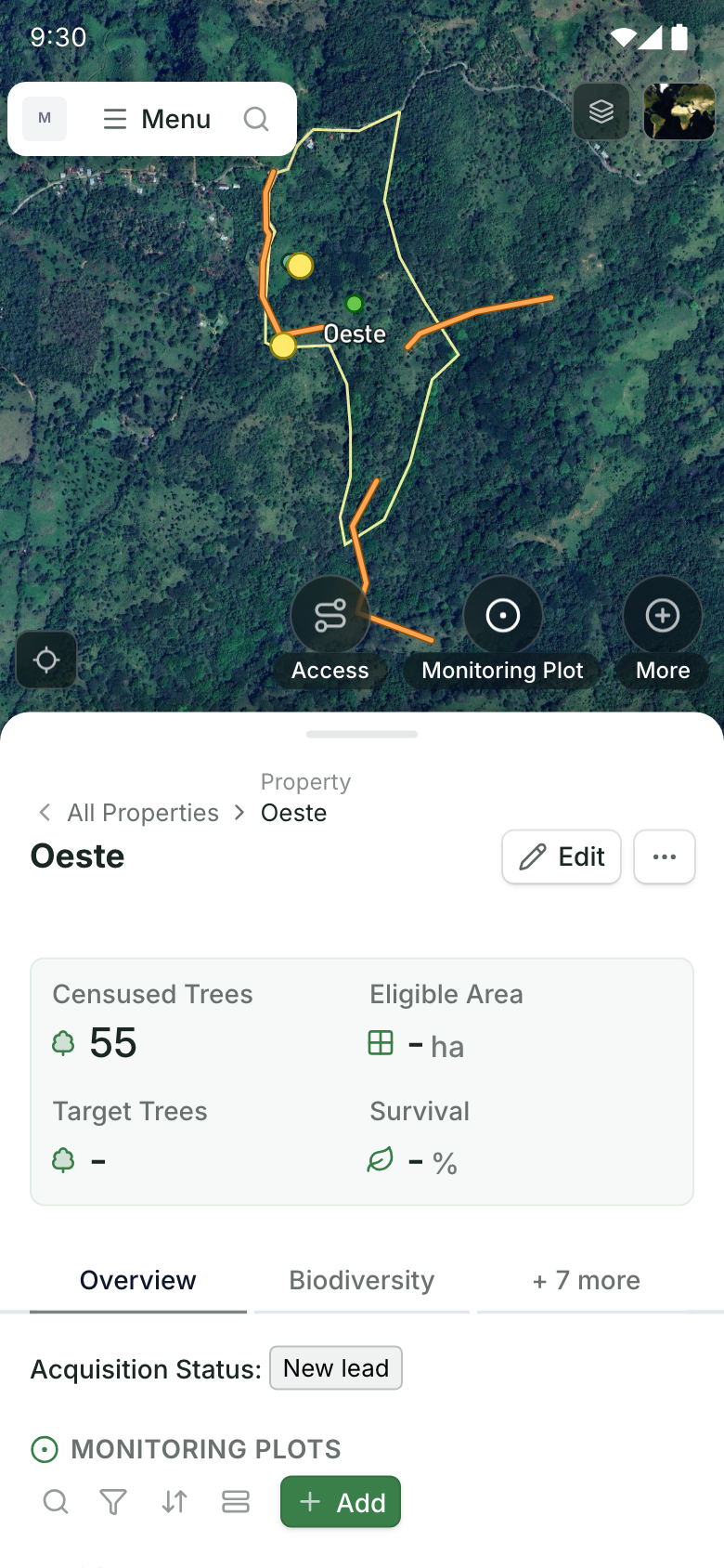 Current demo property Oeste with Access, Monitoring Plot and More actions above its record panel
