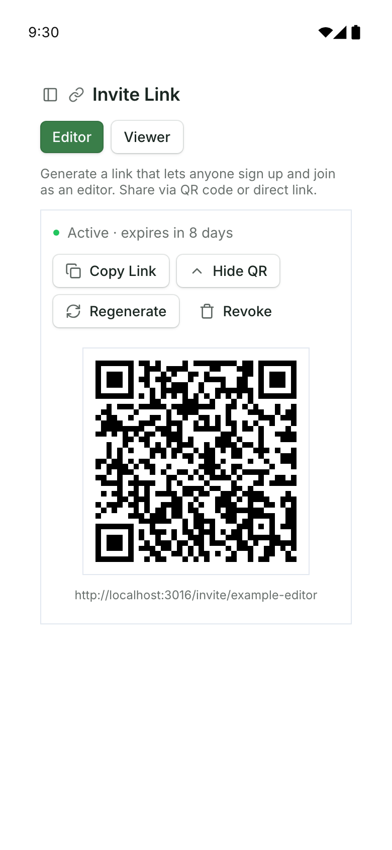 Native invitation component with Editor and Viewer choices and an inert demonstration QR code