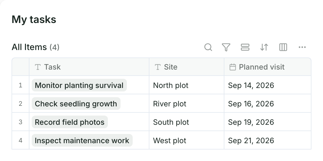 Native task table with fictional fieldwork tasks, sites and planned visits