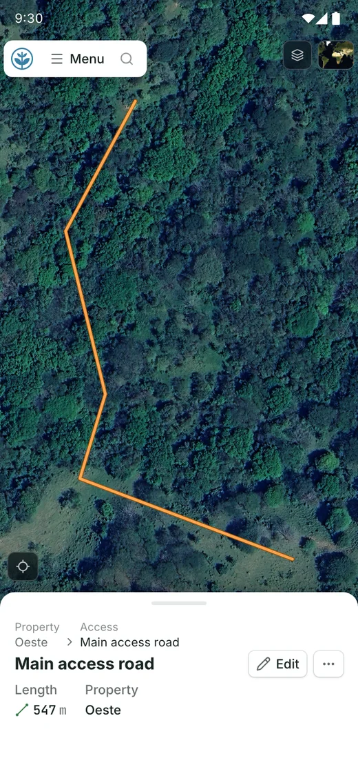 Demo access road on a phone: the line traced on the map, its length and property below