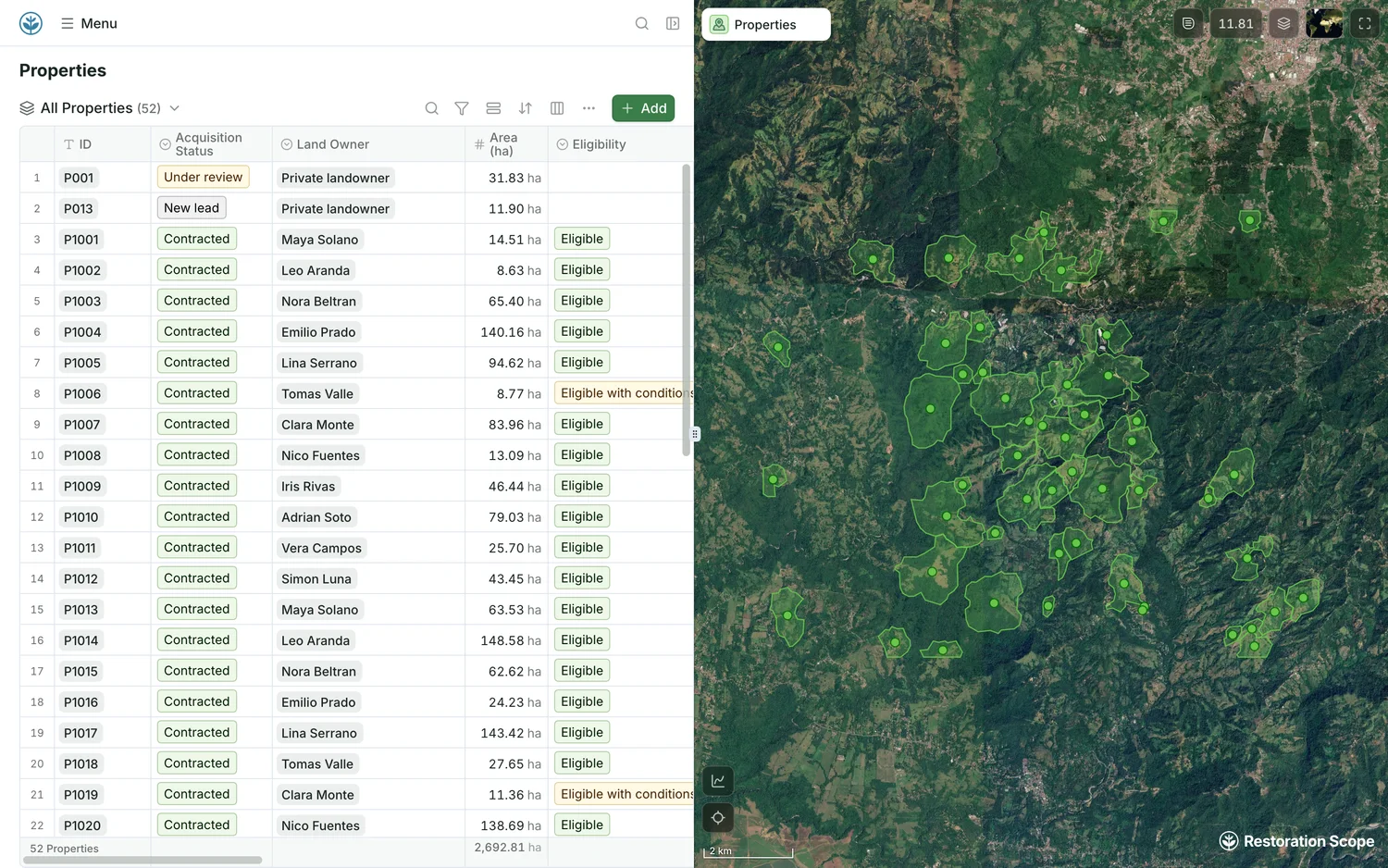 Demo properties table beside their boundaries on the satellite map: fifty-two fictional properties with acquisition status, owner, area and eligibility; two older sandbox names obscured.