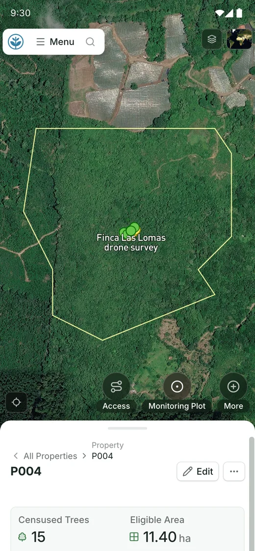 Demo property P004 on a phone: its boundary on the map, censused trees and eligible area below