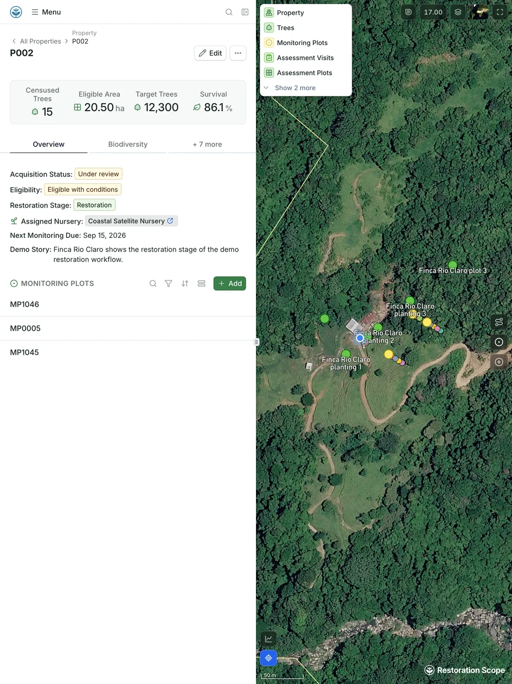 Demo property P002 on a portrait tablet: the record beside the map, with the device’s position inside the boundary among the planting and monitoring plots
