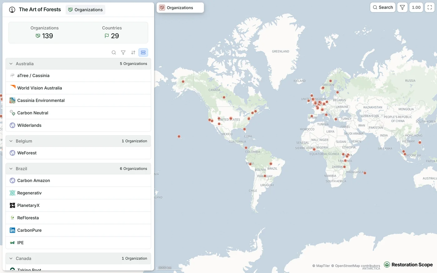 The Art of Forests members map: organisations listed by country beside a world map of members