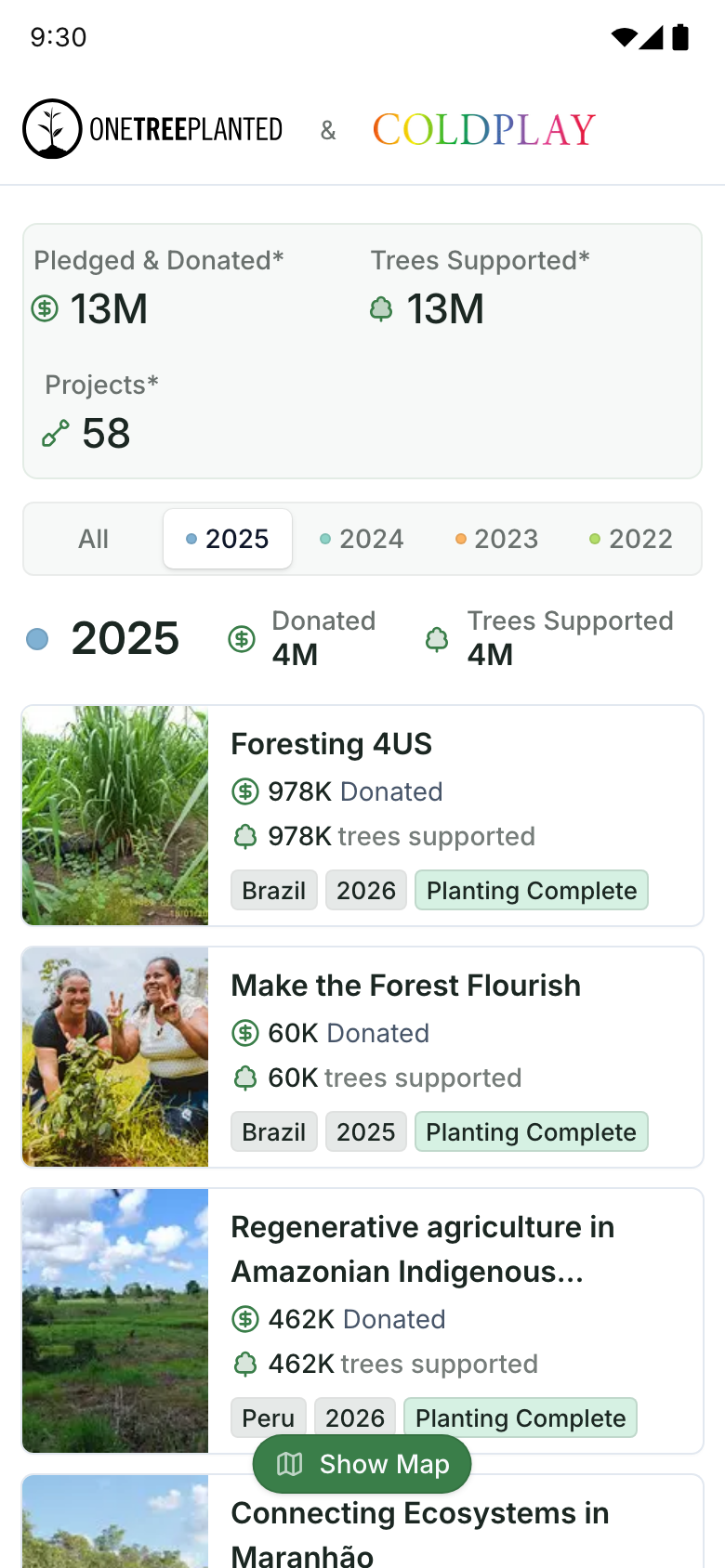 One Tree Planted and Coldplay donor portal on a phone: totals, then each project with its photo, donations and status
