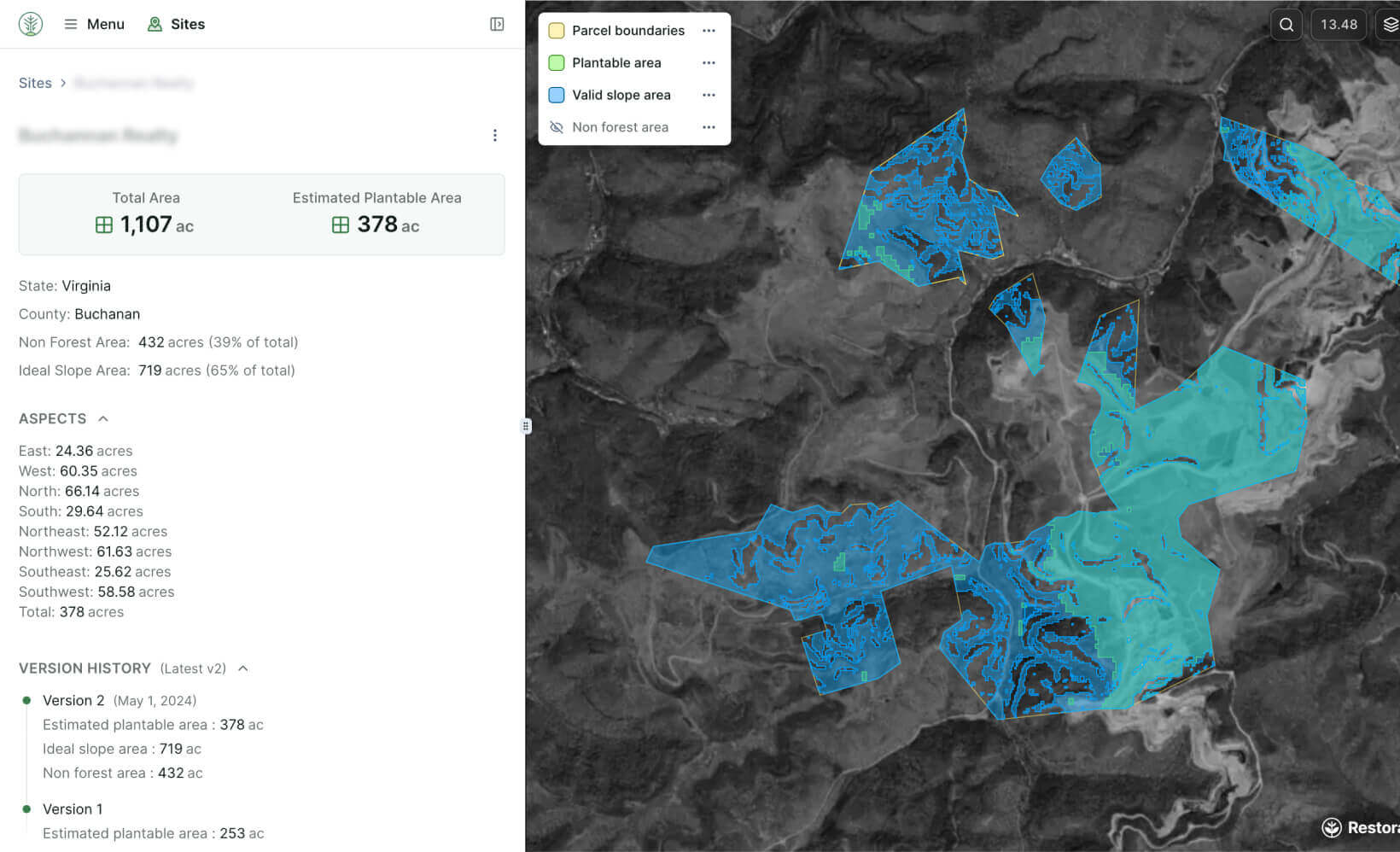 Property boundaries and land eligibility layers displayed in the application